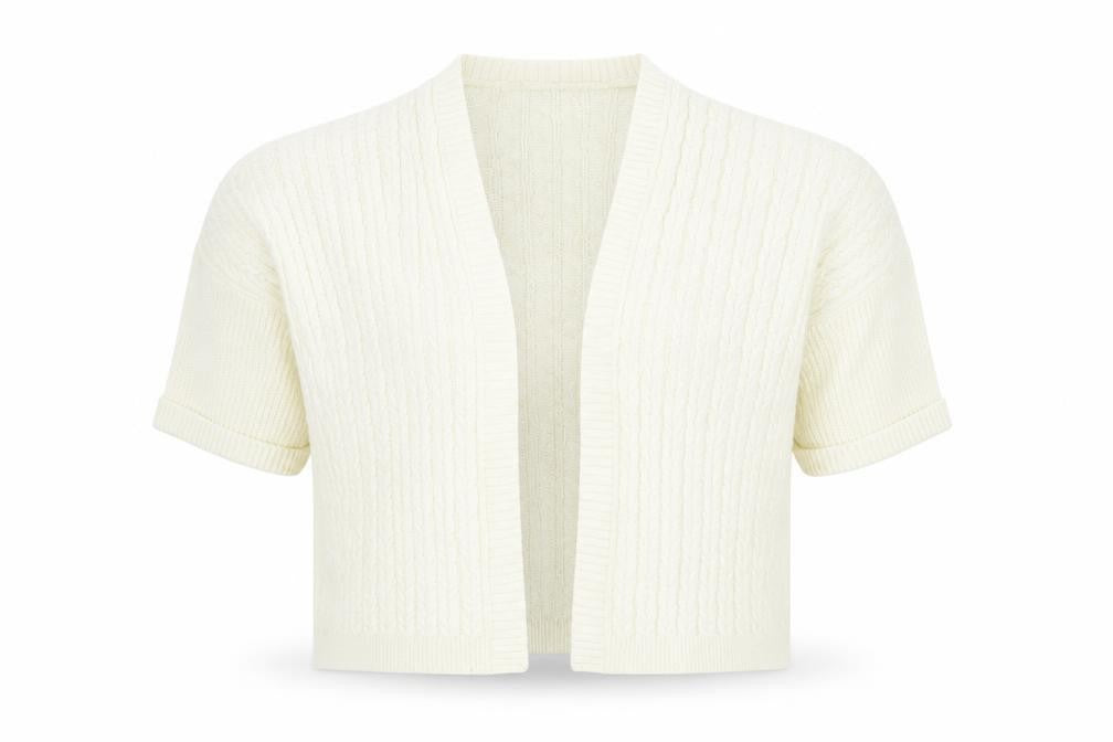 Front view of SHEIN women’s white v-neck acrylic shrug jumper, size S