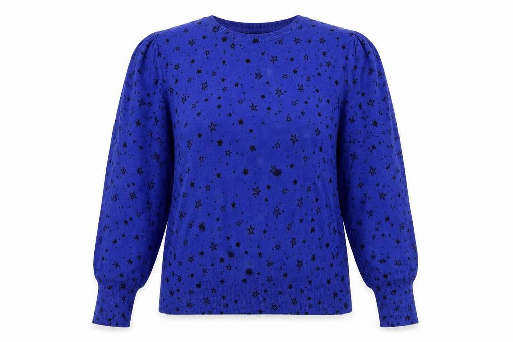 Marks and Spencer Womens Blue Scoop Neck Geometric Viscose Pullover Jumper Size XL - Star Print