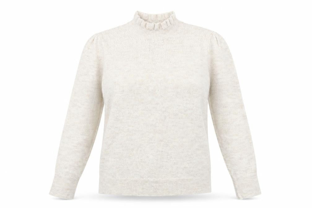 Front view of albray women’s beige mock neck acrylic jumper, size UK 10
