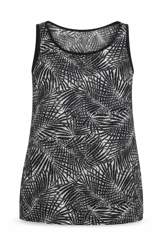 Preworn Womens Black Geometric Polyester Tunic Tank Size 8 Scoop Neck - Leaf Print
