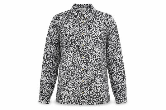 Front view of Papaya women’s black animal print polyester basic button-up, size UK 12, collared - leopard print