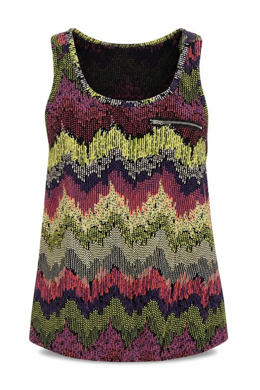 Front view of New Look women’s multicoloured geometric polyester basic tank, size UK 8, round neck