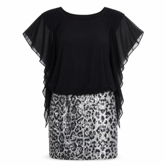 Front view of Boohoo women’s black animal print polyester a-line, size UK 10, round neck pullover - leopard pattern
