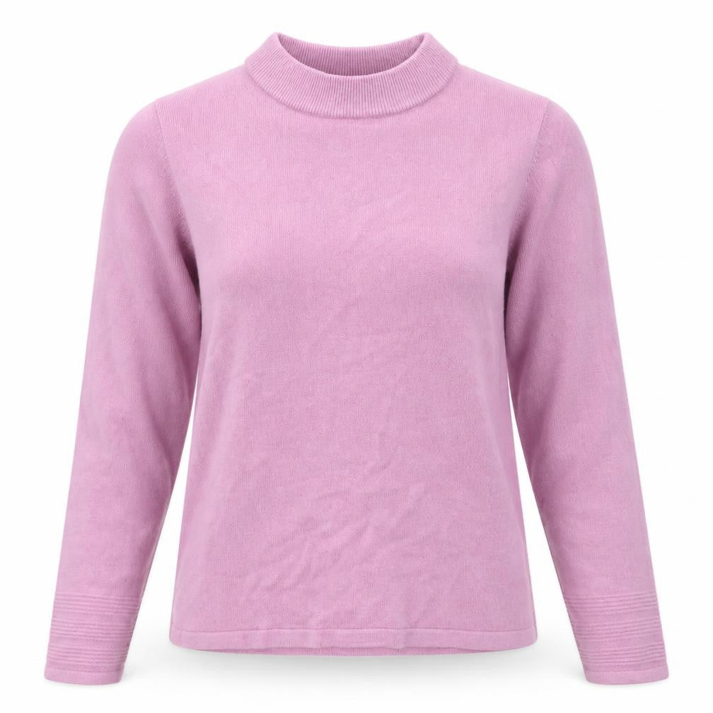 Front view of Classics women’s pink mock neck acrylic jumper, size UK 12