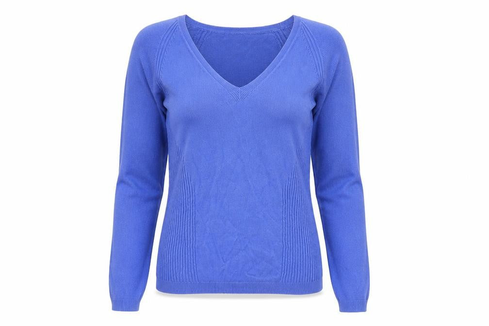 Front view of Marks & Spencer women’s blue v-neck viscose jumper, size UK 12