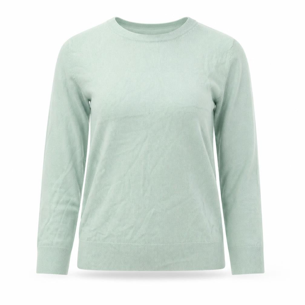 Front view of Marks & Spencer women’s green roll neck acrylic jumper, size UK 12