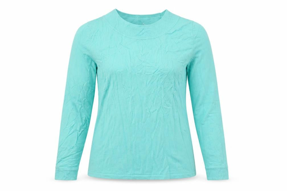 Front view of Bonmarché women’s green round neck viscose jumper, size M