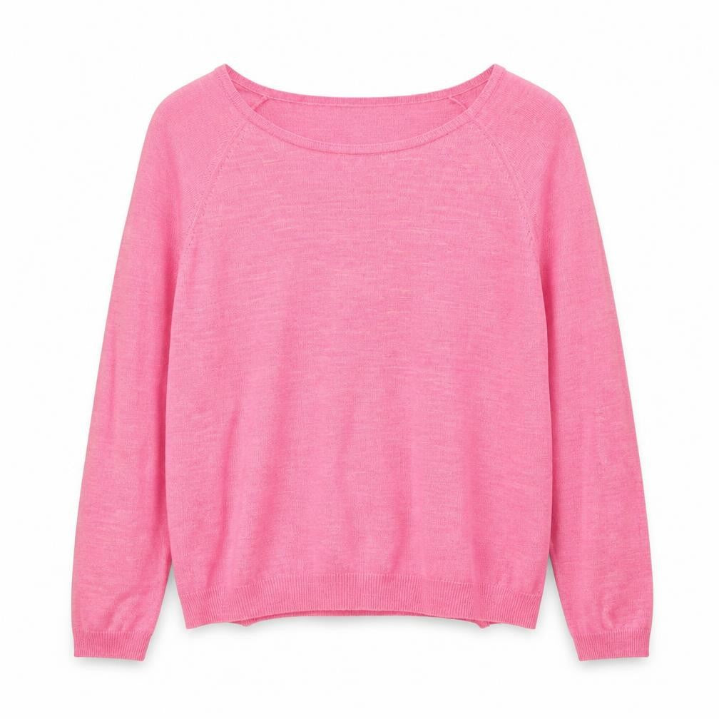 Front view of Topshop women’s pink round neck acrylic jumper, size UK 10