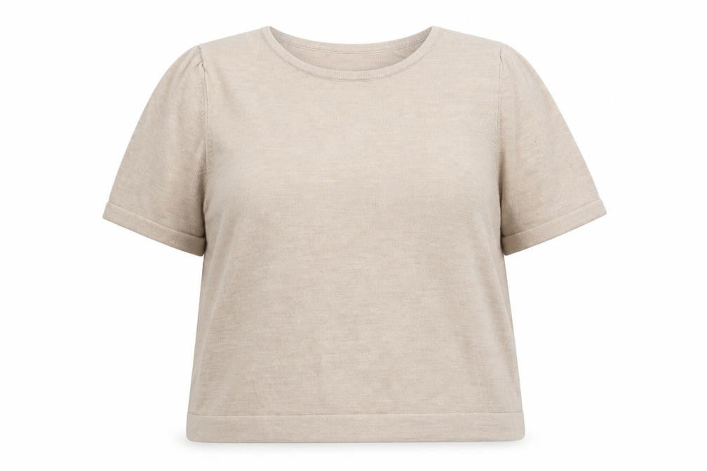 Front view of Classics women’s beige round neck acrylic jumper, size UK 18