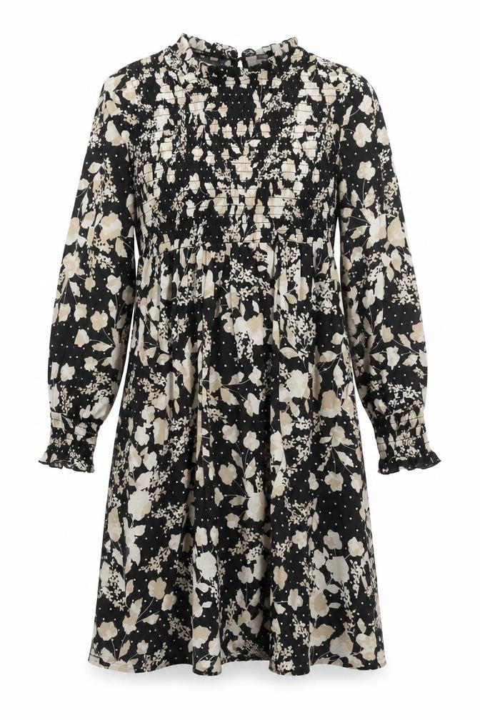 Front view of H&M women’s black geometric polyester a-line, size L, round neck pullover