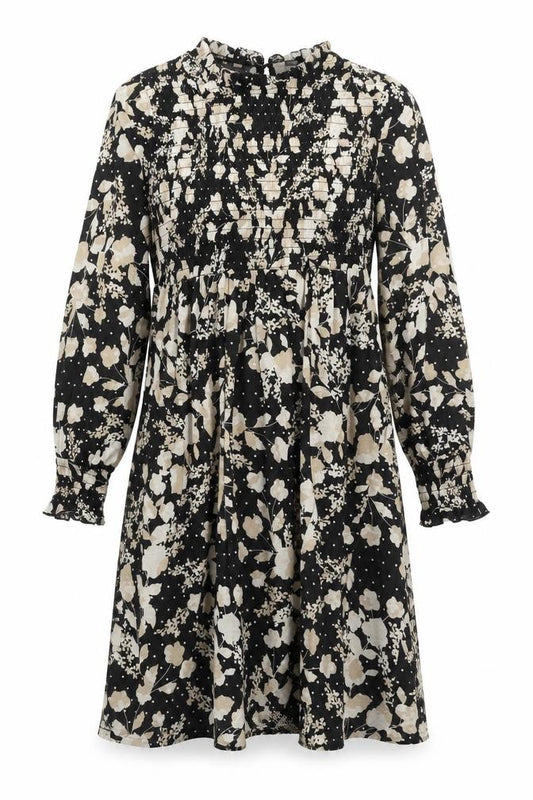 Front view of H&M women’s black geometric polyester a-line, size L, round neck pullover
