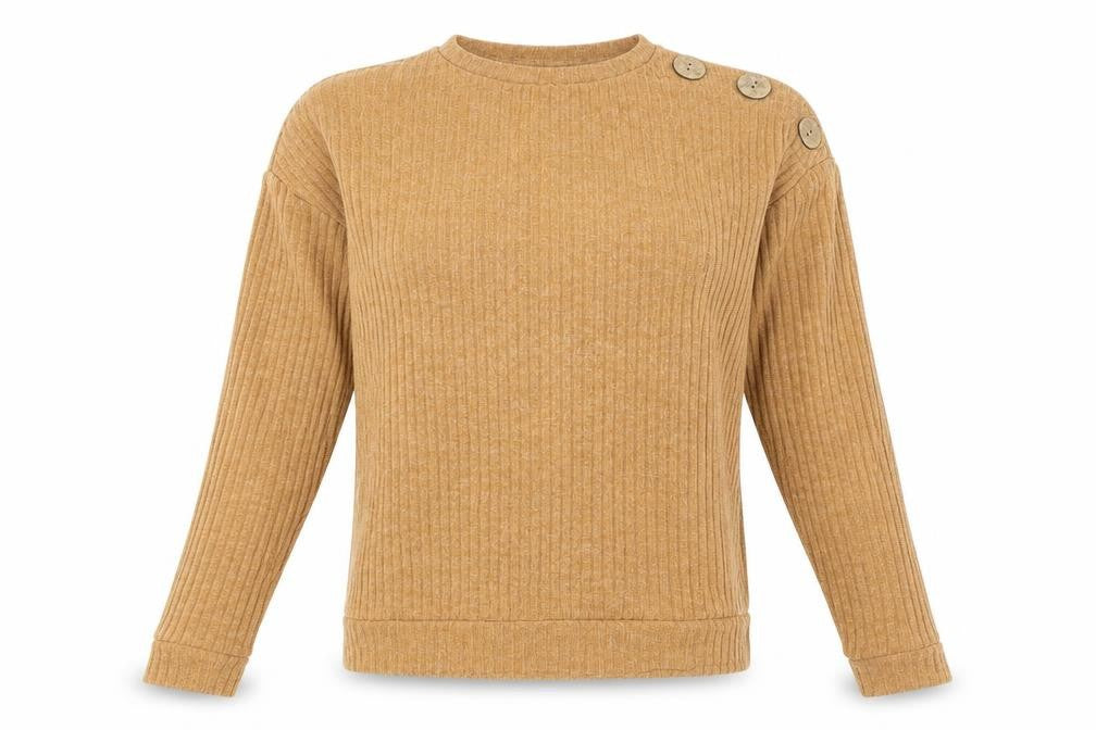 Front view of Papaya women’s beige round neck acrylic jumper, size UK 10