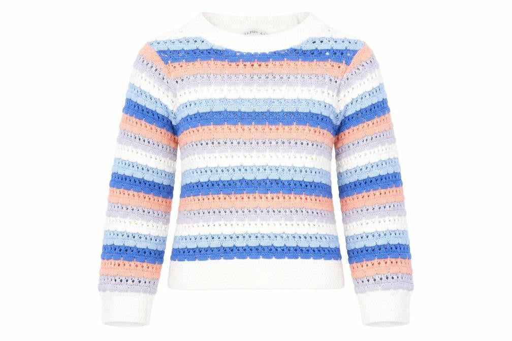Front view of Gallery women’s multicoloured round neck striped 100% cotton jumper, size XS