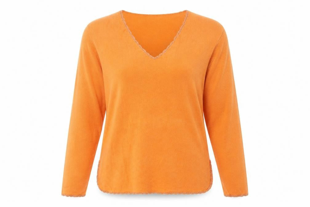 Front view of Anna Morelle women’s orange v-neck acrylic jumper, size UK 14