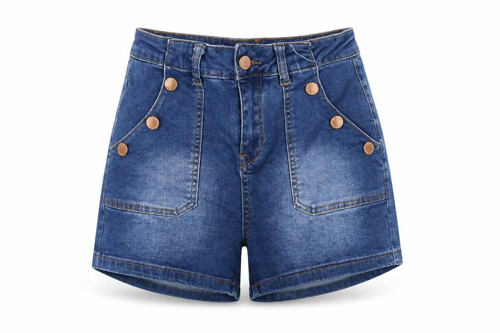 Front view of Denim & Co. women’s blue cotton sailor shorts, size UK 26, in regular button
