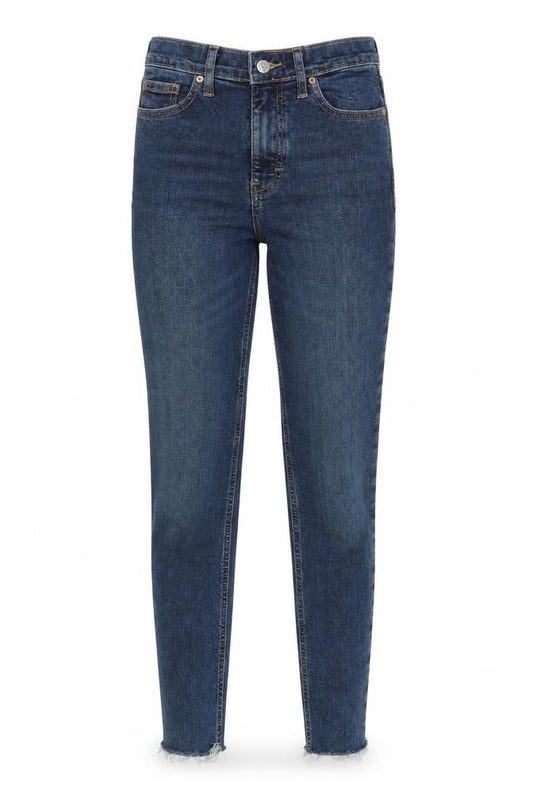 Front view of Topshop women’s blue cotton skinny jeans, size UK 26, in, 32-inch leg regular zip
