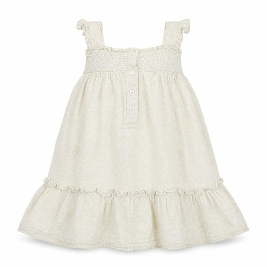 Front view of Matalan Baby Beige 100% Cotton Skater Dress, size 18-24, Months Square Neck Button