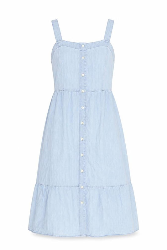 Front view of Gap women’s blue 100% cotton a-line, size UK 6, square neck button