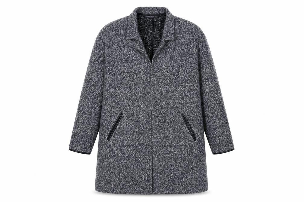 Front view of Marks & Spencer women’s blue geometric overcoat coat, size UK 16