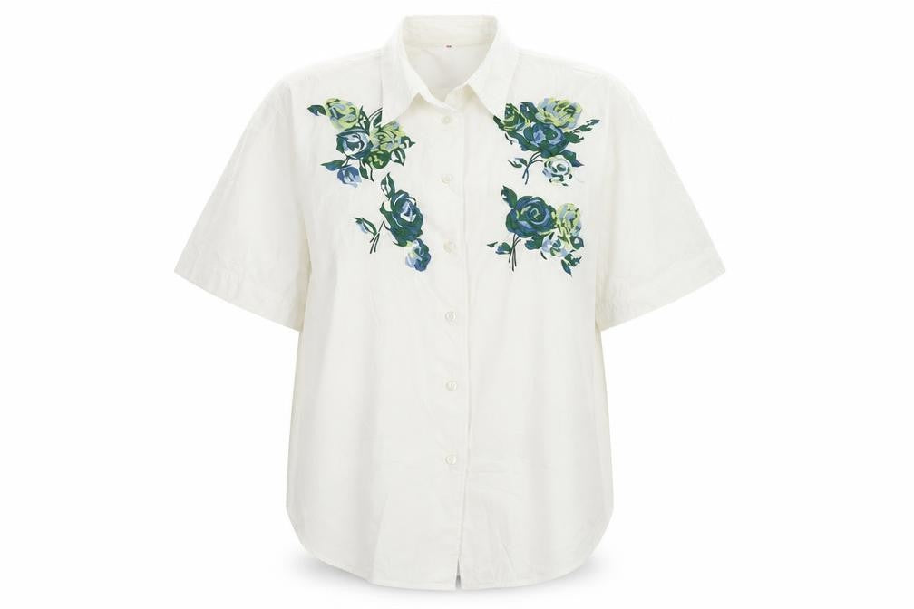 Preworn Womens Ivory Polyester Basic Button-Up Size 12 Collared - Flower Motif
