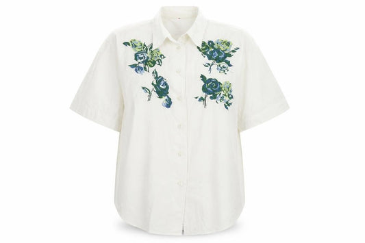 Front view of Preworn women’s ivory polyester basic button-up, size UK 12, collared - flower motif