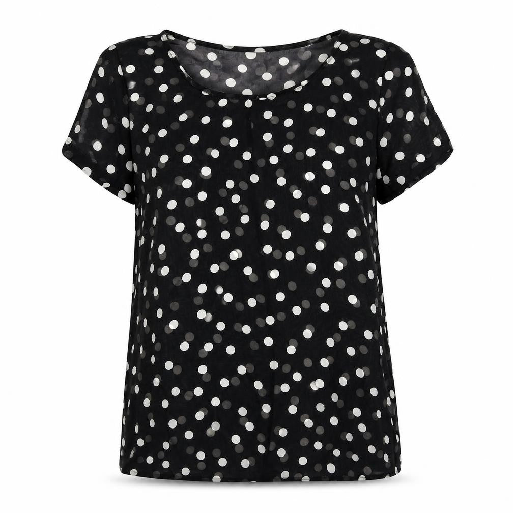 Front view of Tea n Rose women’s black polka dot polyester basic t-shirt, size M, round neck