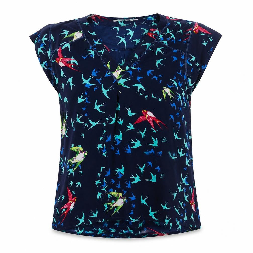 Flamant Rose Womens Blue Geometric Polyester Basic T-Shirt Size L V-Neck - Bird Pattern
