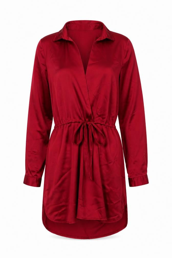 Front view of PRETTYLITTLETHING women’s red polyester shirt dress, size UK 6, collared pullover