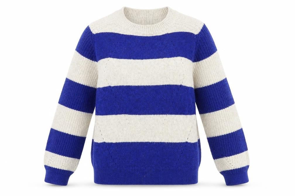 Front view of Marks & Spencer women’s multicoloured round neck striped polyester jumper, size S
