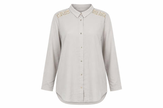 Front view of H&M women’s brown polyester basic button-up, size M, v-neck