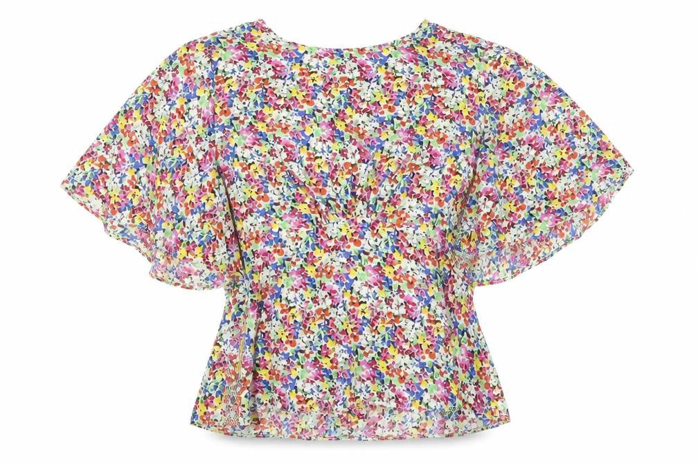 Front view of Topshop women’s multicoloured geometric polyester cropped blouse, size UK 12, round neck