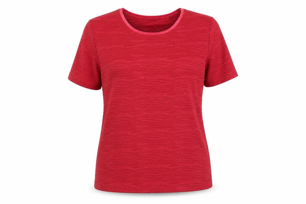 Front view of EWM women’s red polyester basic t-shirt, size UK 14, scoop neck -, size UK 14-16