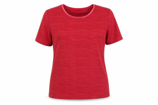 Front view of EWM women’s red polyester basic t-shirt, size UK 14, scoop neck -, size UK 14-16