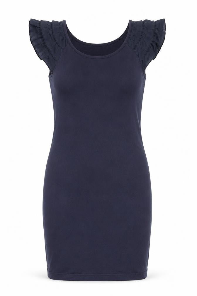 Front view of Purple women’s black viscose bodycon, size M, scoop neck pullover