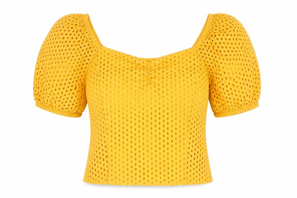 Front view of H&M women’s yellow cotton basic blouse, size UK 12, sweetheart