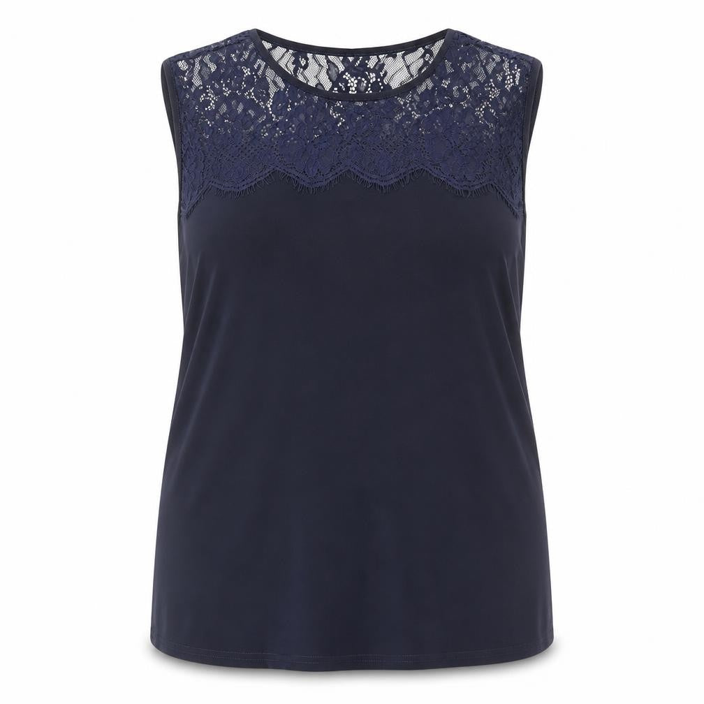 Front view of Julipa women’s blue floral polyamide basic tank, size UK 16, round neck