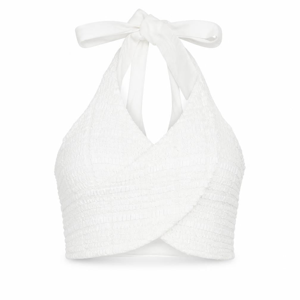 Front view of NA-KD women’s white polyester cropped tank, size UK 10, halter