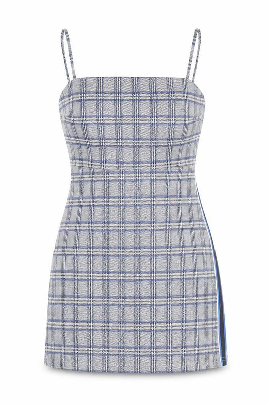 Front view of Primark women’s blue geometric polyester mini, size UK 8, square neck pullover