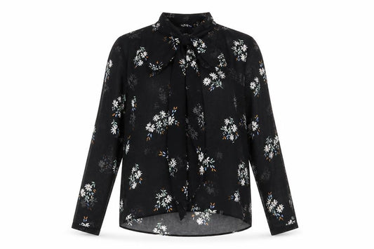 Front view of Marks & Spencer women’s black floral polyester basic button-up, size UK 6, v-neck