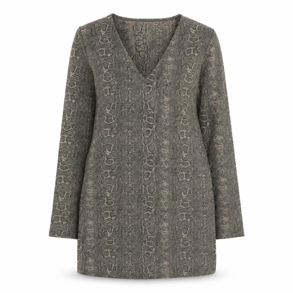 Front view of Zara women’s grey animal print polyester mini, size S, v-neck pullover - snake print
