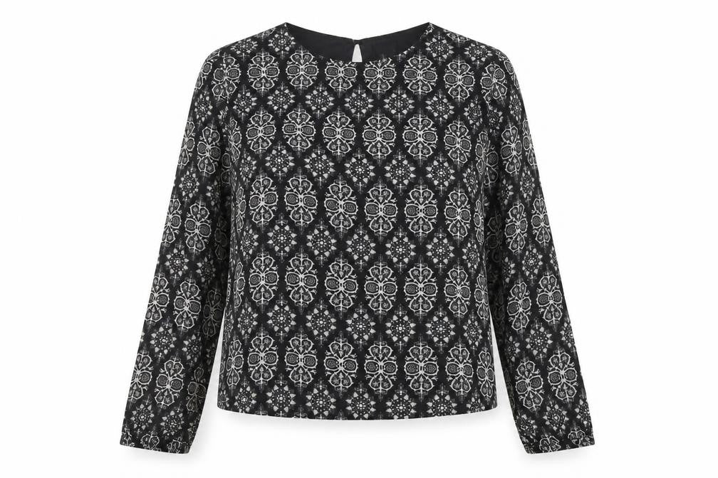 Front view of Poppy Lux women’s black geometric polyester basic blouse, size UK 16, scoop neck