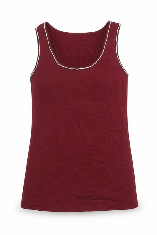 Front view of Warehouse women’s red polyester basic tank, size UK 12, round neck