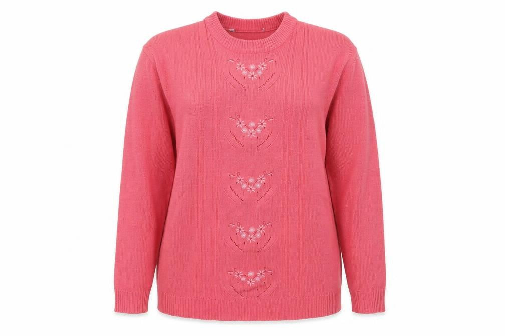 Front view of Preworn women’s pink round neck acrylic jumper, size L