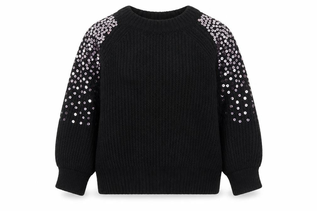 Front view of Tu girls’ black round neck acrylic jumper, size 3XL, pullover