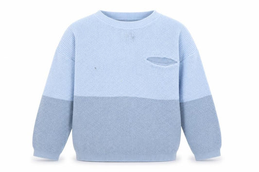 Front view of George boys’ blue boat neck colourblock cotton jumper, size 5-6, years pullover