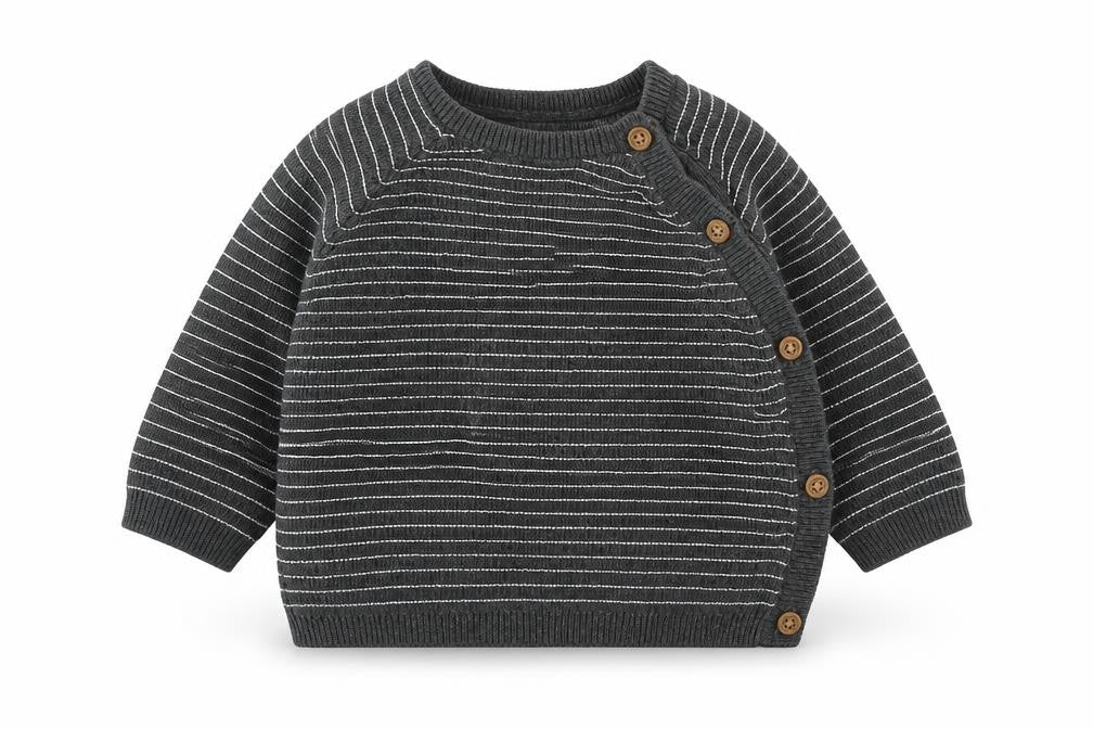 Front view of Tu Baby Grey Striped Cotton jumper, size 0-3, Months Button