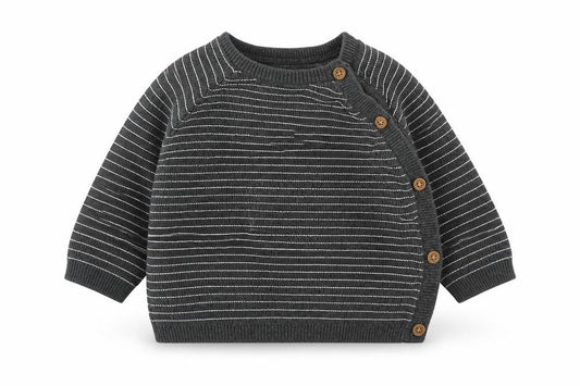 Front view of Tu Baby Grey Striped Cotton jumper, size 0-3, Months Button