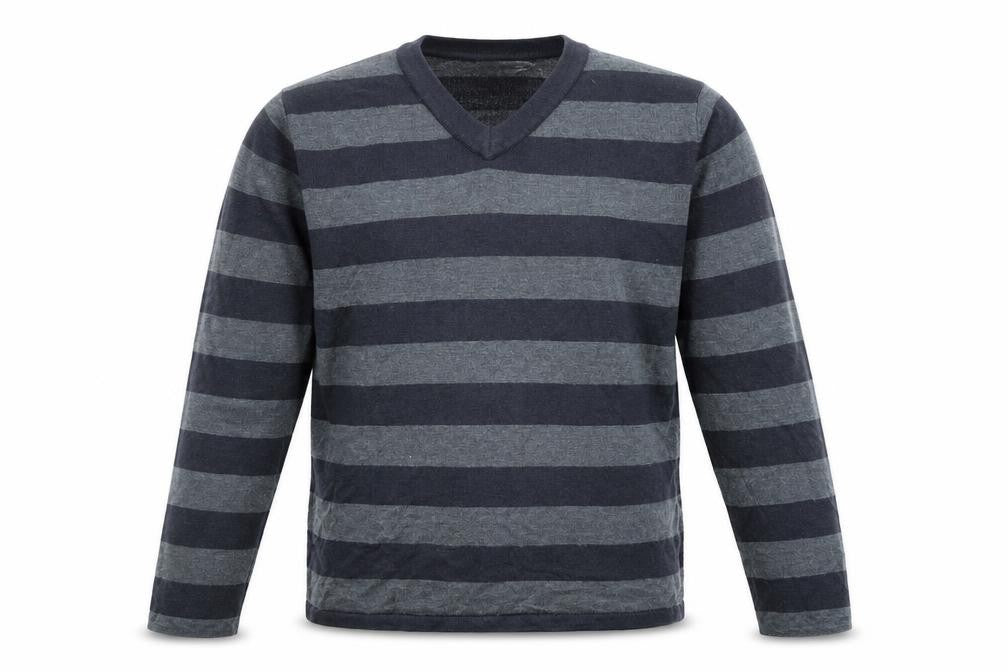 Front view of Marks & Spencer boys’ grey v-neck striped acrylic jumper, size 11-12, years pullover