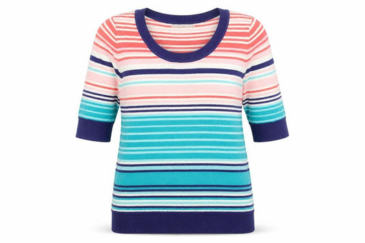 Front view of John Lewis women’s multicoloured scoop neck striped cotton jumper, size UK 12