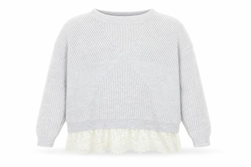 Front view of River Island girls’ grey round neck acrylic jumper, size 9-10, years pullover - lace hem